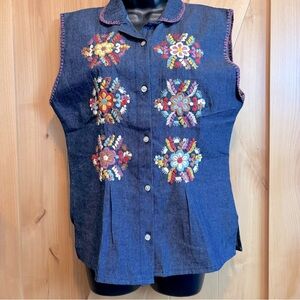 Hand-stitch Embroidered Soft Denim Button Down Blouse
